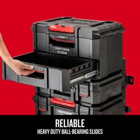 Craftsman Tradestack drop-and-lock mechanism for easy stacking and secure setup.