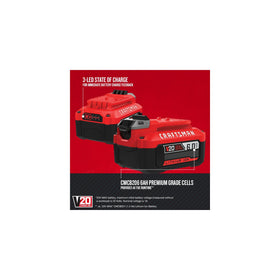 Craftsman V20 6Ah battery with 3 LED indicator visible.