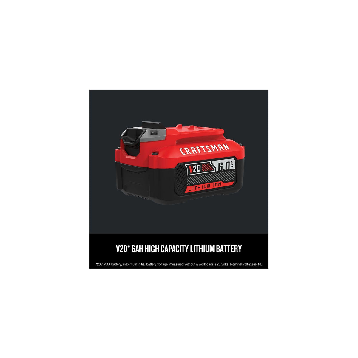Craftsman V20 6Ah battery front view, long runtimes.