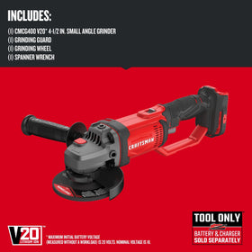Side view of CRAFTSMAN V20 angle grinder highlighting slim profile for tight spaces