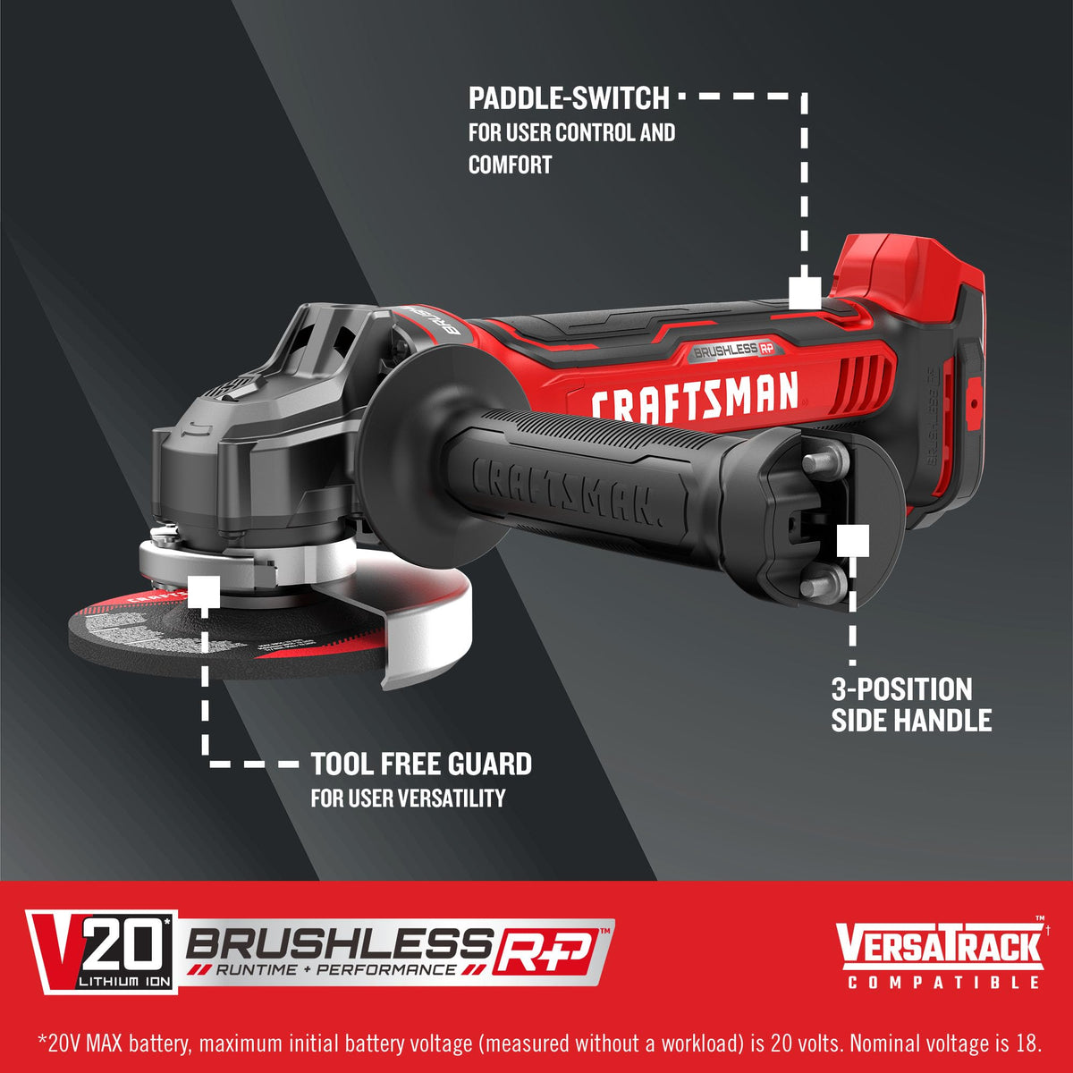 CRAFTSMAN V20 angle grinder brushless motor in action delivers more power for tough grinding.