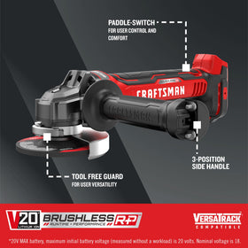 CRAFTSMAN V20 angle grinder brushless motor in action delivers more power for tough grinding.