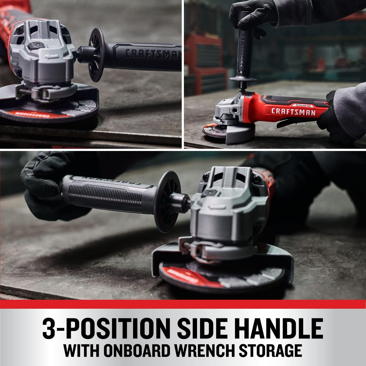 CRAFTSMAN V20 angle grinder tool-free guard adjustment for quick setup.
