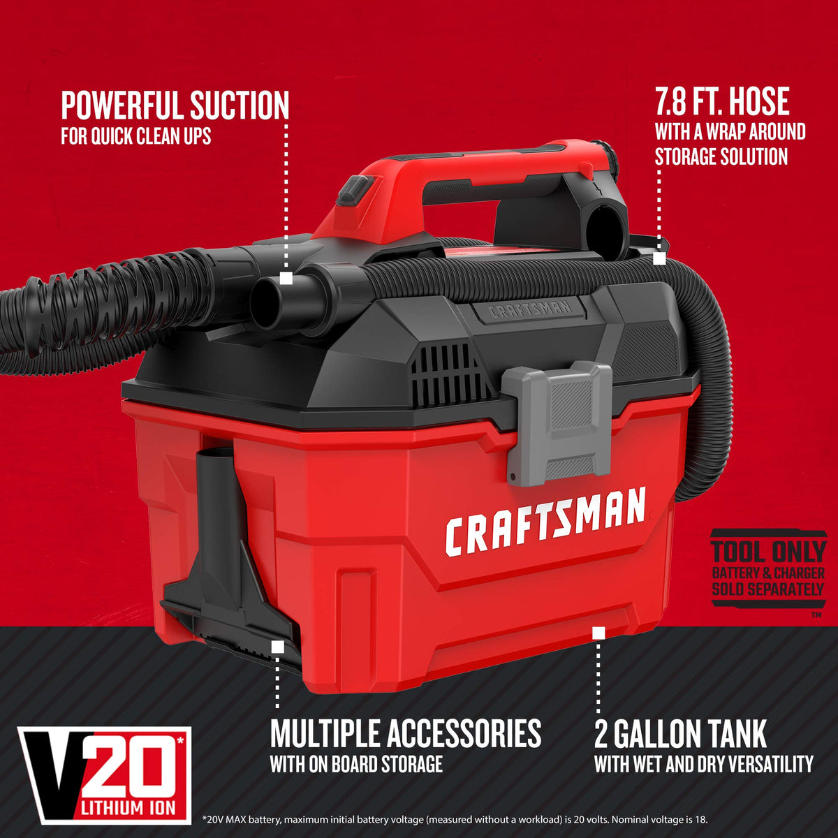 Craftsman V20 hose attachment shows extended reach for hard-to-reach messes.