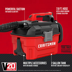 Craftsman V20 hose attachment shows extended reach for hard-to-reach messes.