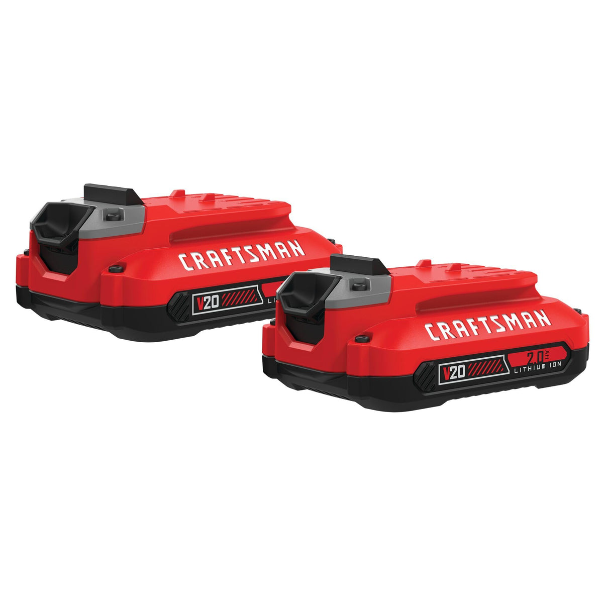 CRAFTSMAN V20 2.0Ah battery pack with 3-LED charge indicator for quick power checks.