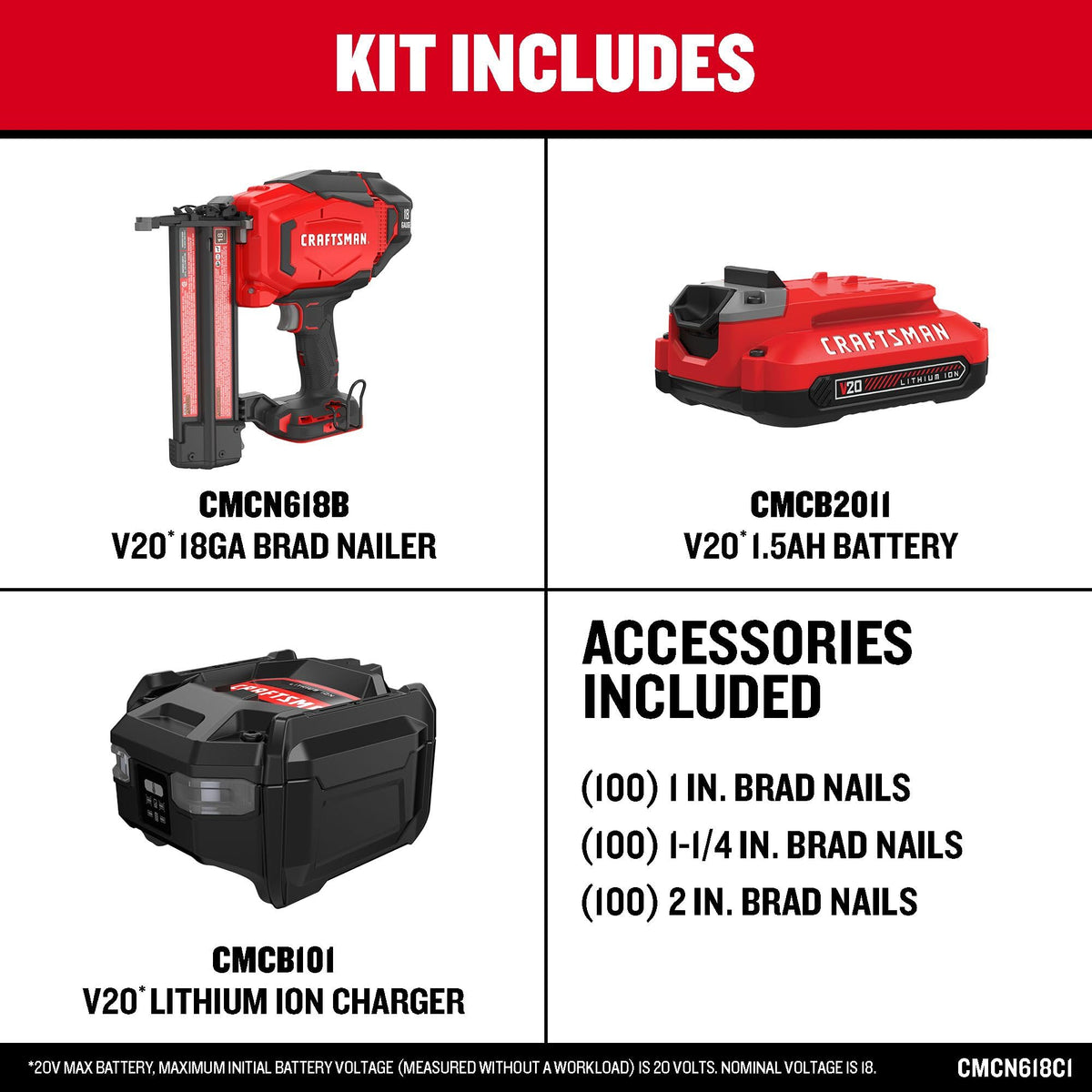 Craftsman V20 brad nailer driving 18-gauge nails for clean joints