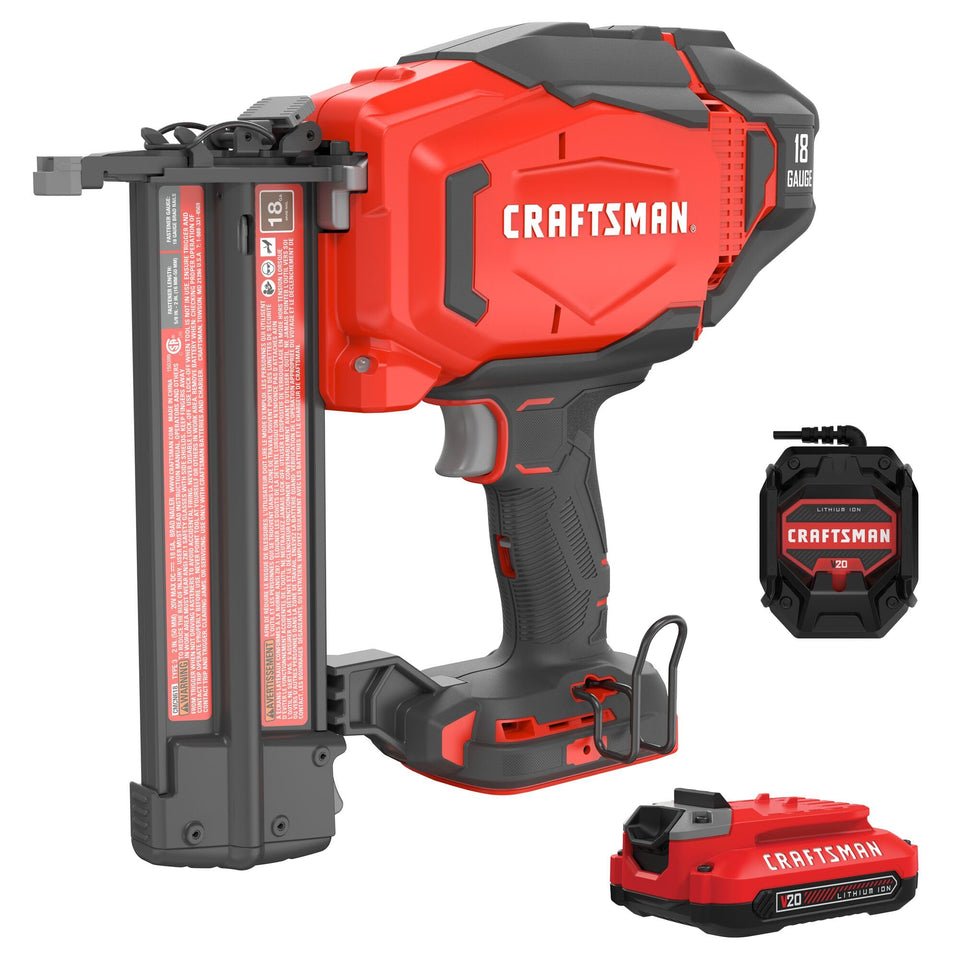 Craftsman V20 cordless brad nailer with battery and charger, ready for on-site use