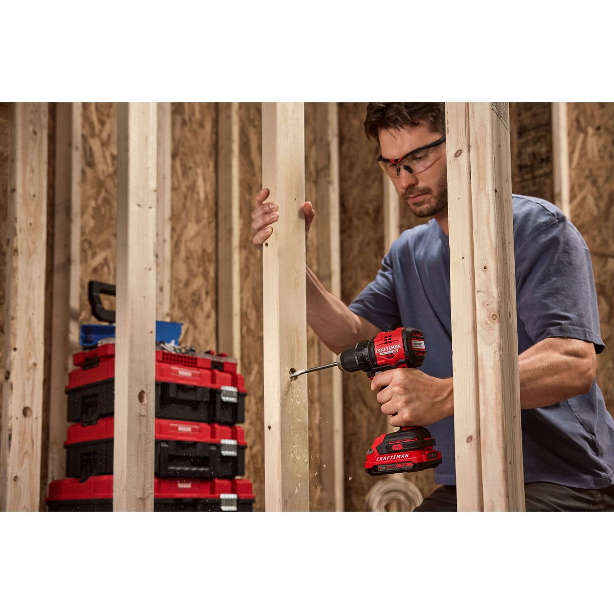 CRAFTSMAN V20 BRUSHLESS RP drill with built-in LED illuminating work area.