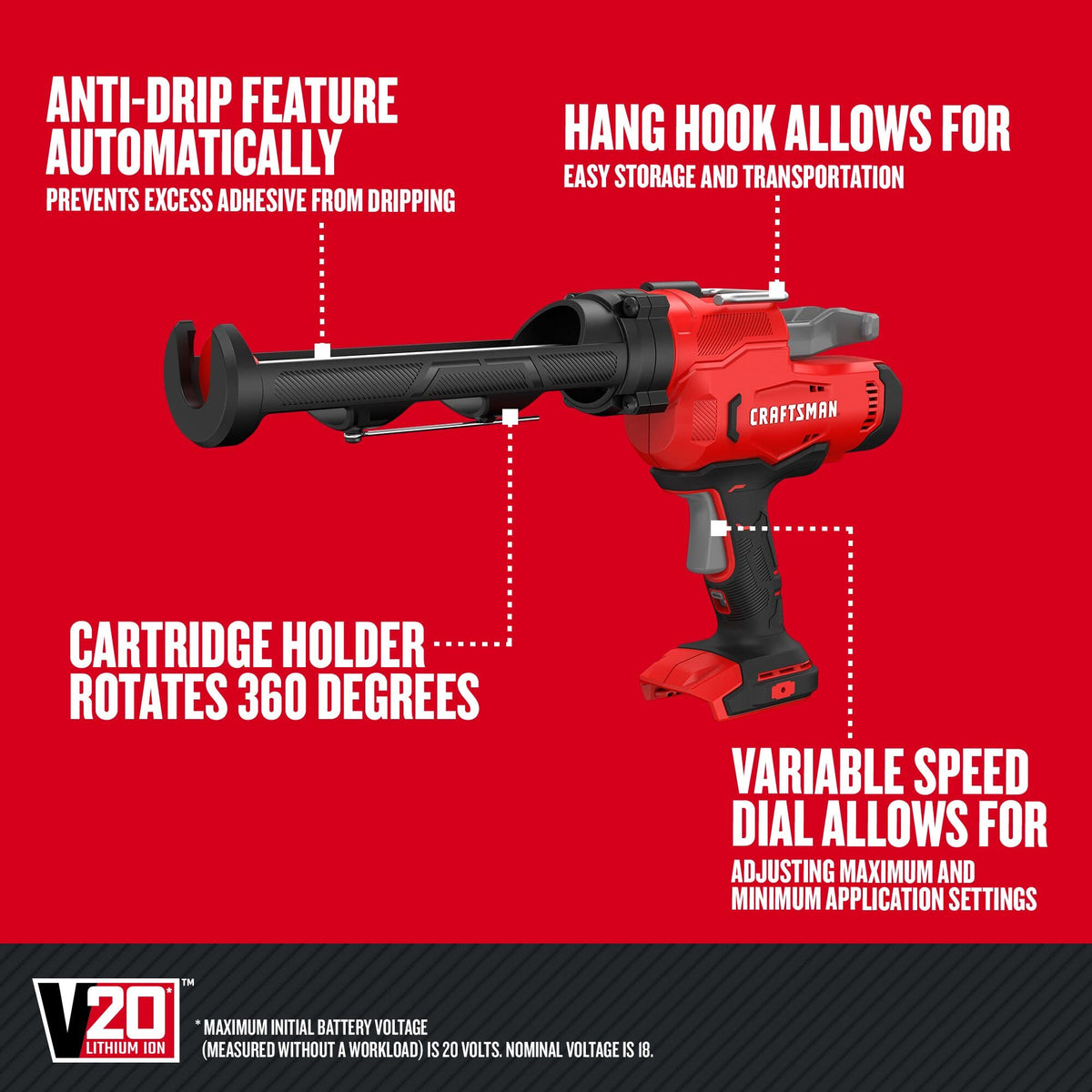 Craftsman V20 Caulk Gun anti-drip retracts to prevent spills