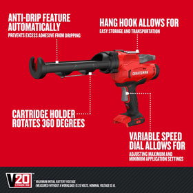 Craftsman V20 Caulk Gun anti-drip retracts to prevent spills