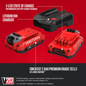 CRAFTSMAN V20 charger with LED indicator showing fast recharge