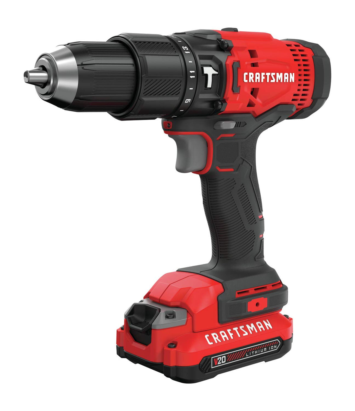 Craftsman V20 cordless hammer drill with half-inch chuck for versatile drilling tasks.