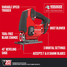 CRAFTSMAN V20 cordless jig saw with 3 orbital settings enables tailored material cuts.