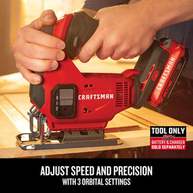 CRAFTSMAN V20 jig saw 45-degree bevel aids precise angled cuts.
