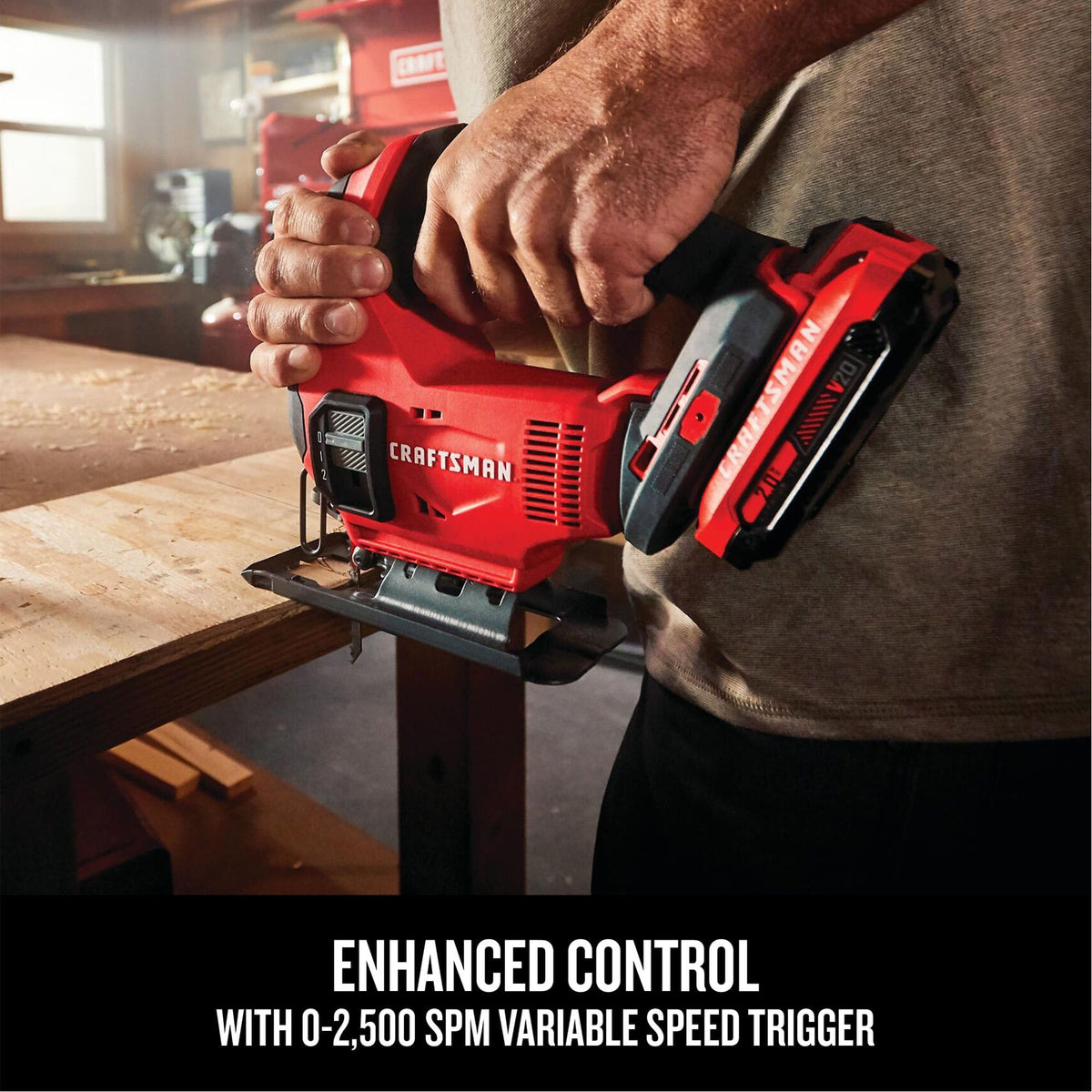CRAFTSMAN V20 jig saw ergonomic overmolded handle reduces fatigue.