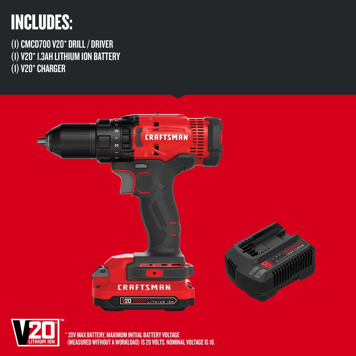CRAFTSMAN V20 drill-driver 1-2 in chuck in action for quick bit changes.