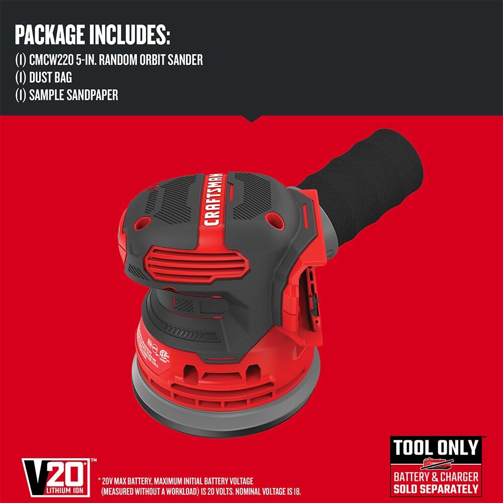 CRAFTSMAN V20 dust bag attachment shown for clean sanding sessions.
