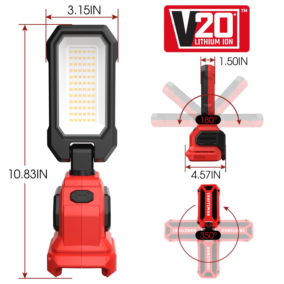 CRAFTSMAN V20 LED work light side view with hook and clamp.