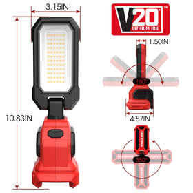 CRAFTSMAN V20 LED work light side view with hook and clamp.