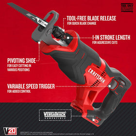 CRAFTSMAN V20 reciprocating saw highlighting 1-inch stroke for fast cuts.