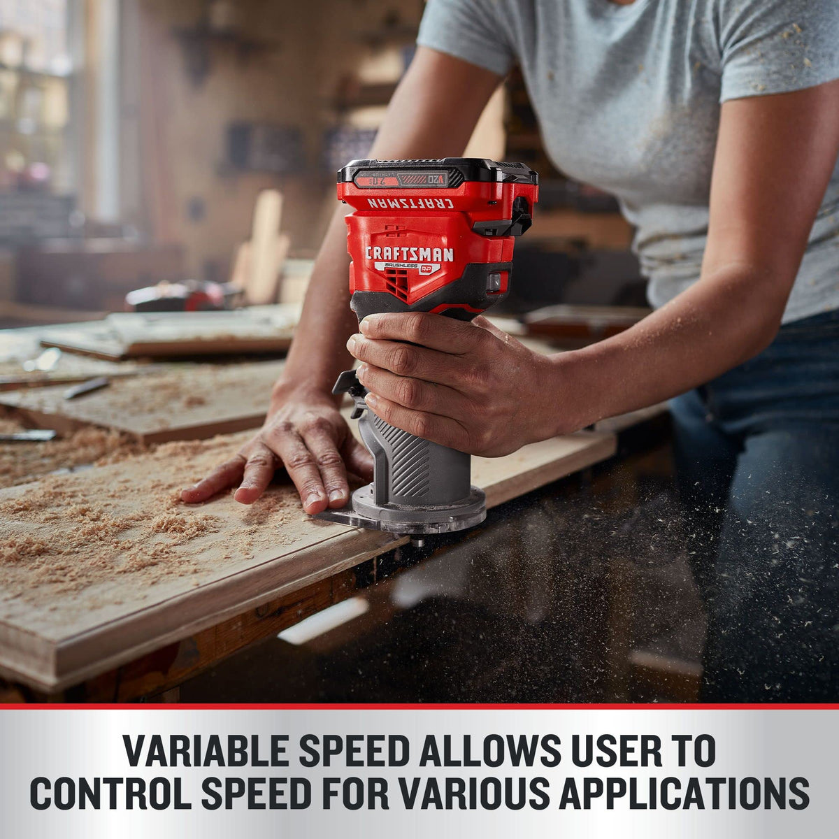 CRAFTSMAN V20 router LED light brightens the work area.