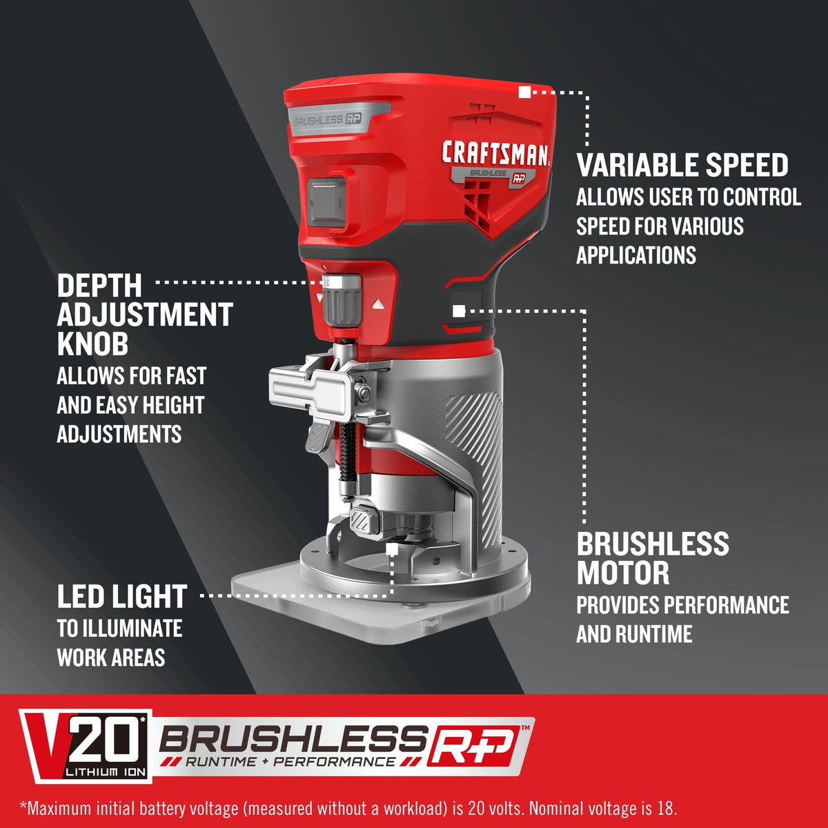 CRAFTSMAN V20 router variable speed dial enables precise control.