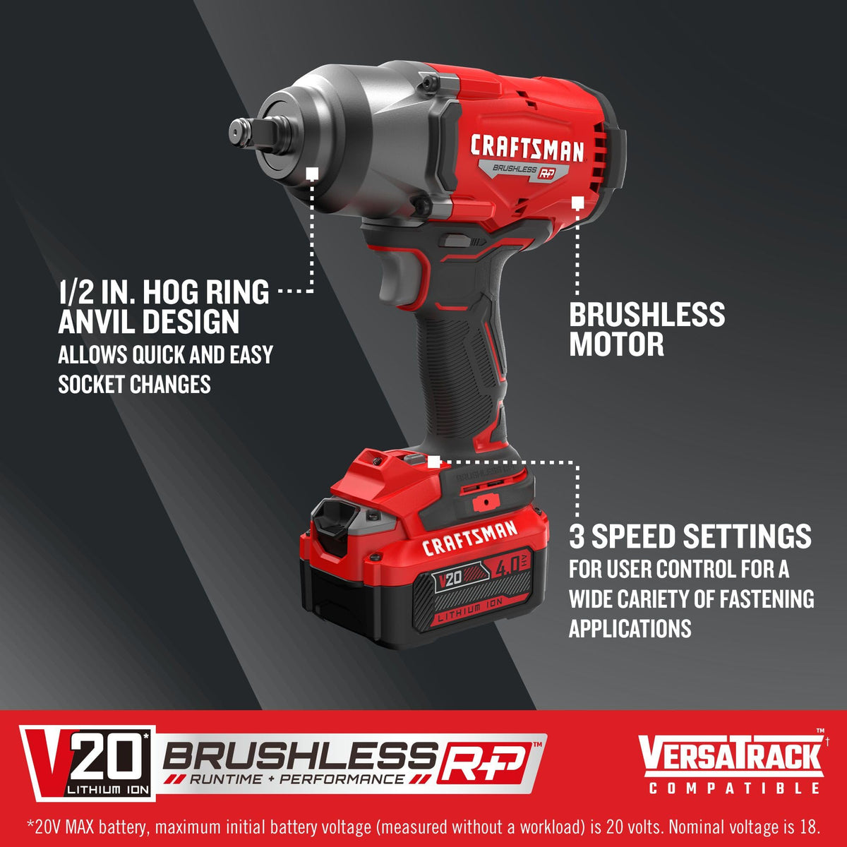 CRAFTSMAN V20 RP impact wrench with three-speed settings for precise control.