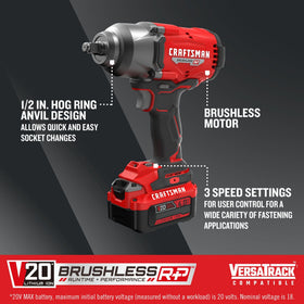 CRAFTSMAN V20 RP impact wrench with three-speed settings for precise control.