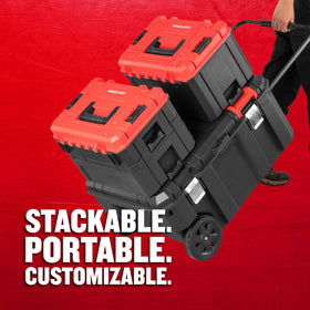 CRAFTSMAN VersaStack 30-Gallon Chest side view emphasizing portable storage and rugged wheels