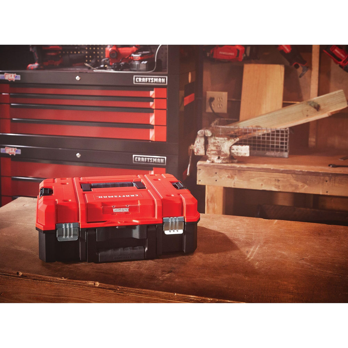 Craftsman Versastack on a workbench for quick reach and organization