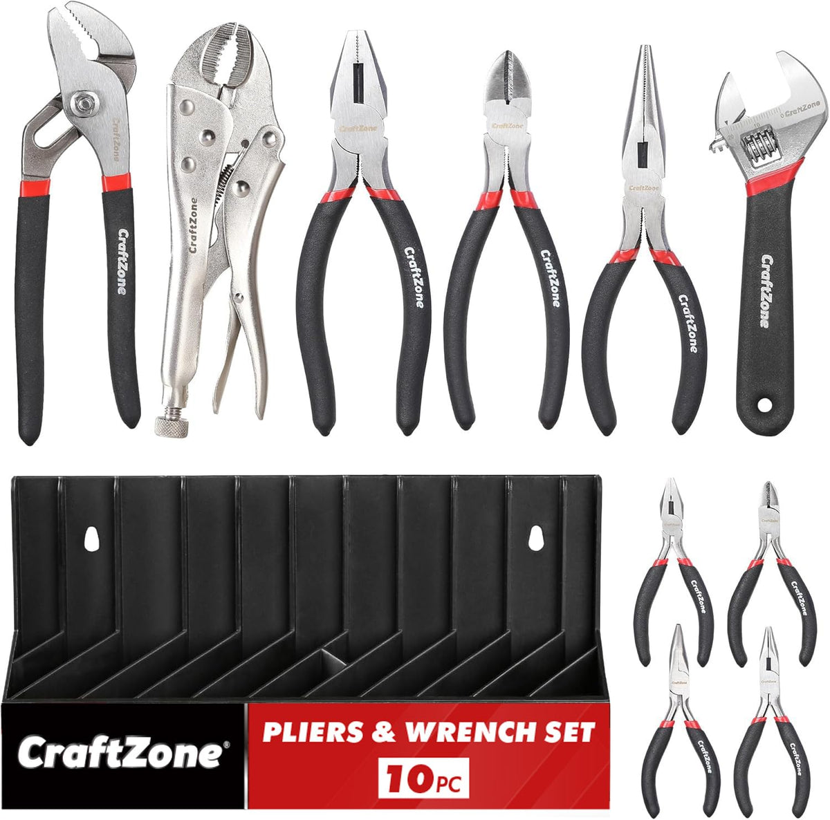 CraftZone 10-piece pliers and wrench set with storage rack, organized for quick access