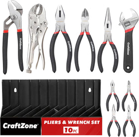 CraftZone 10-piece pliers and wrench set with storage rack, organized for quick access