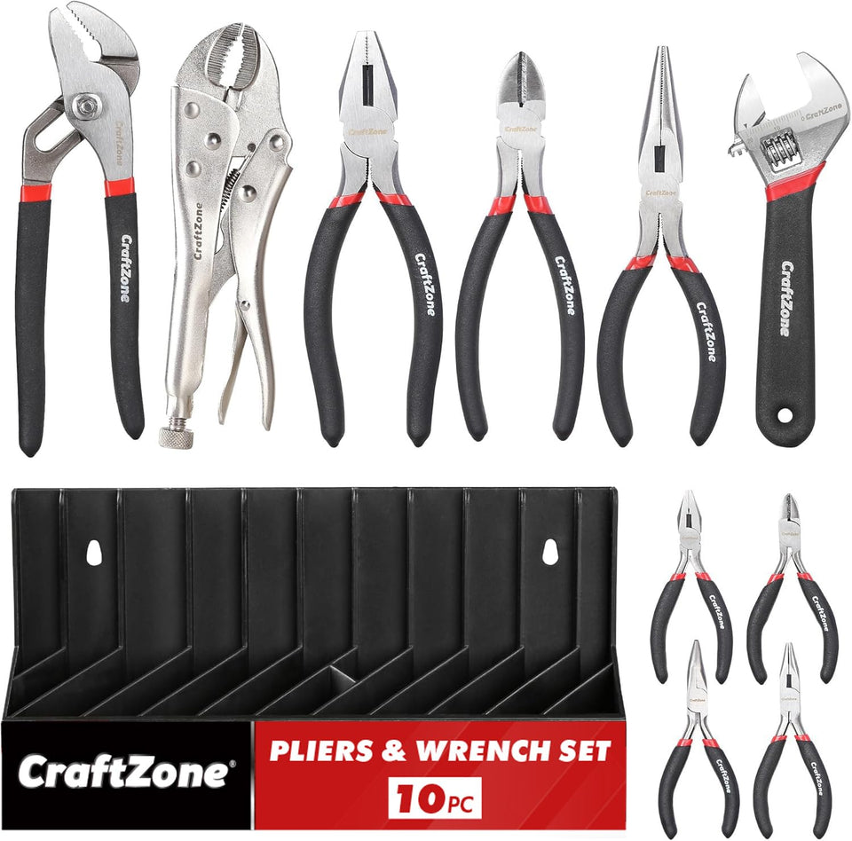 CraftZone 10-piece pliers and wrench set with storage rack, organized for quick access