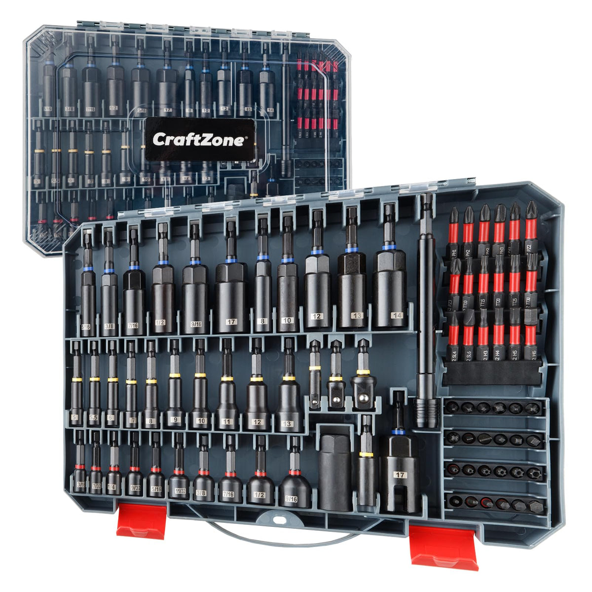 CRAFTZONE 80-piece magnetic impact nut driver set with metric and SAE bits for versatile tightening