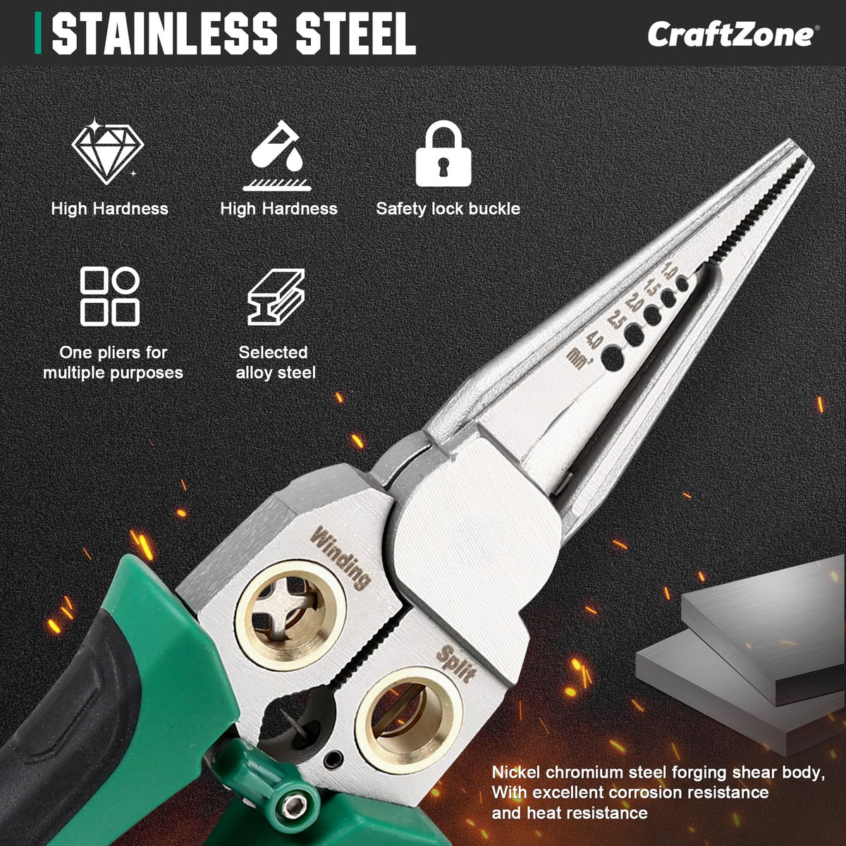 CraftZone 8-in-1 tool with voltage tester, side view, ergonomic grip for comfortable use.