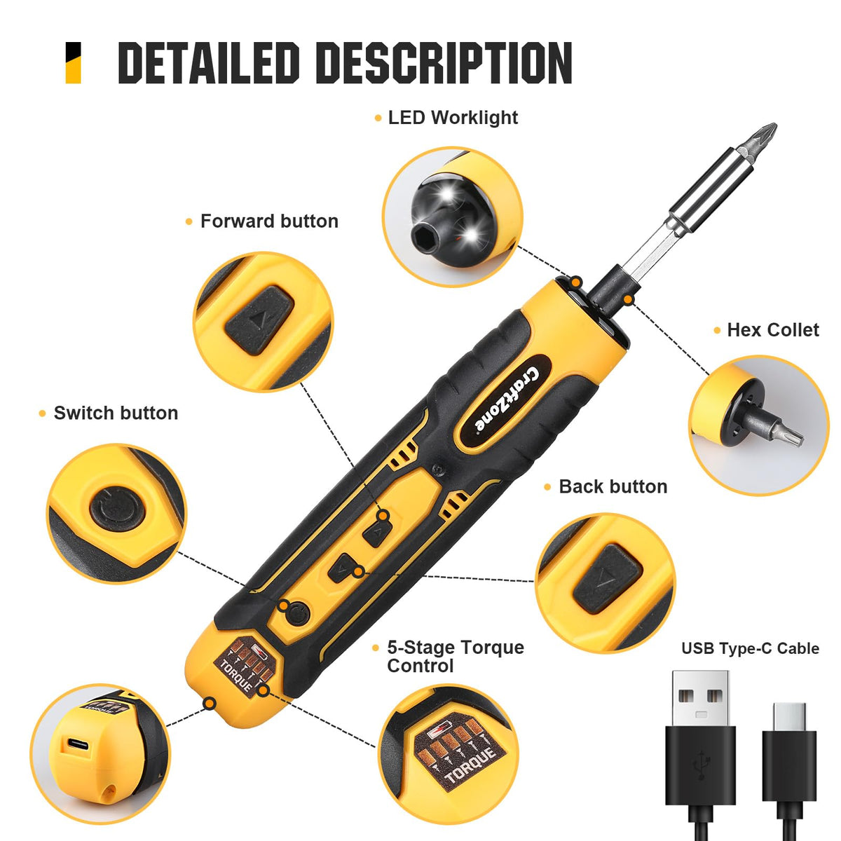 CraftZone cordless screwdriver in action on electronics and furniture projects.