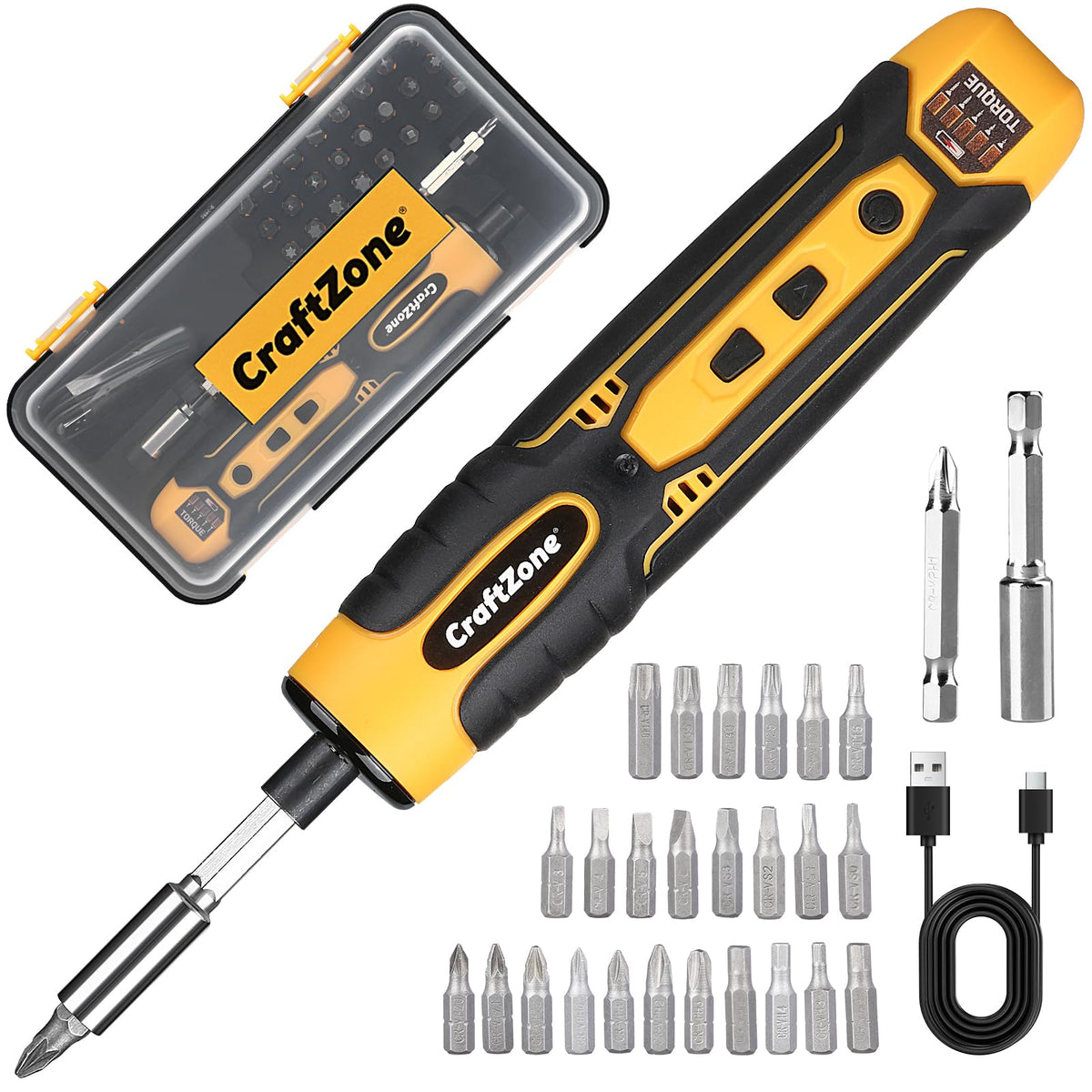 CraftZone electric screwdriver with LED light illuminates screw sites for precise driving.