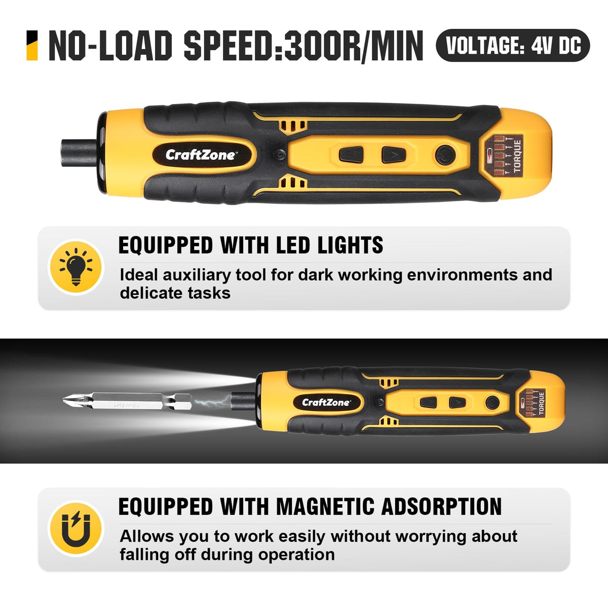 CraftZone cordless screwdriver USB charging for convenient recharging anywhere.