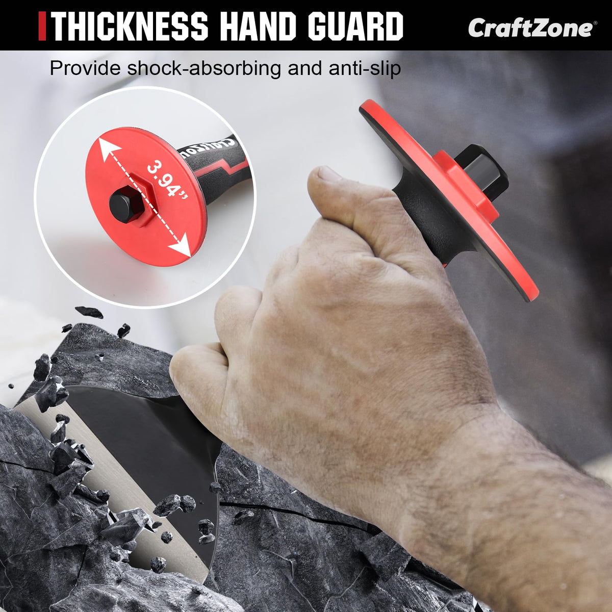 CraftZONE ergonomic grip and shock-guard reduce hand fatigue during masonry tasks