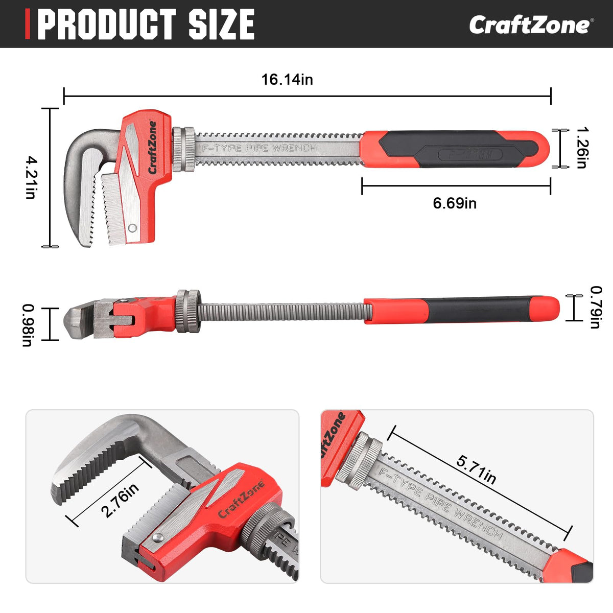 CraftZONE F-Type Pipe Wrench's hardened steel teeth deliver durable, reliable performance