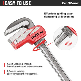 CraftZONE F-Type Pipe Wrench features knurled gear for quick one-handed jaw adjustment