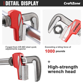CraftZONE F-Type Pipe Wrench with rubber handle offers secure grip during long sessions