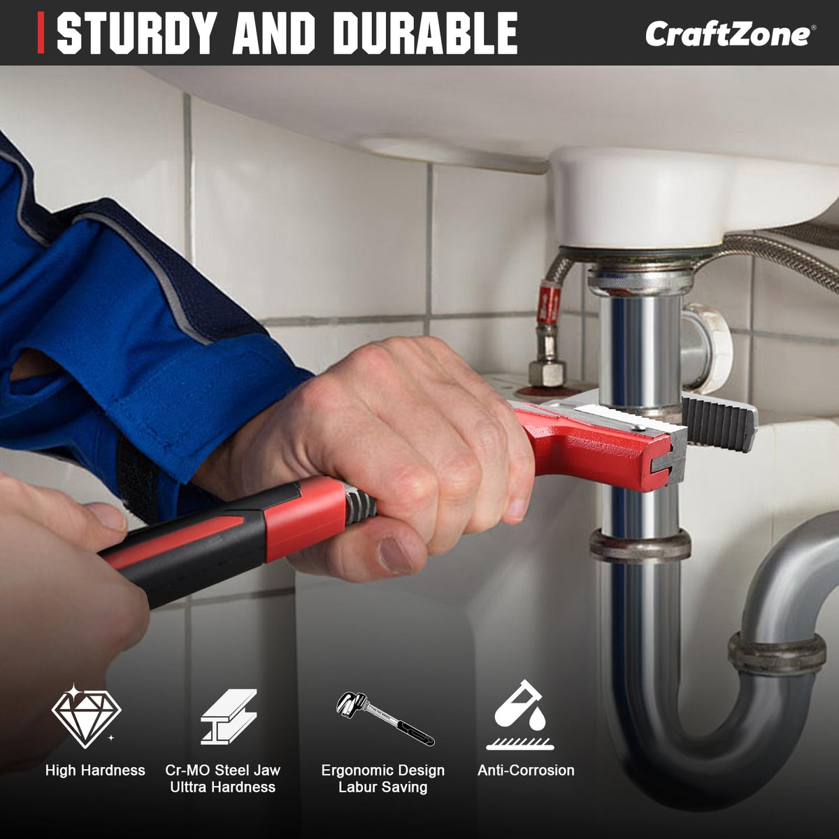 CraftZONE F-Type Pipe Wrench supports versatile plumbing, automotive, and DIY tasks