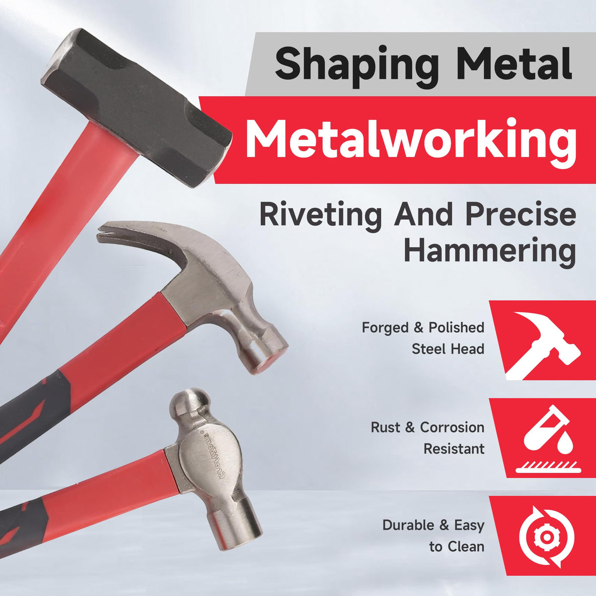 CraftZone heavy-duty forging hammer close-up, enduring 10,000+ impact cycles.