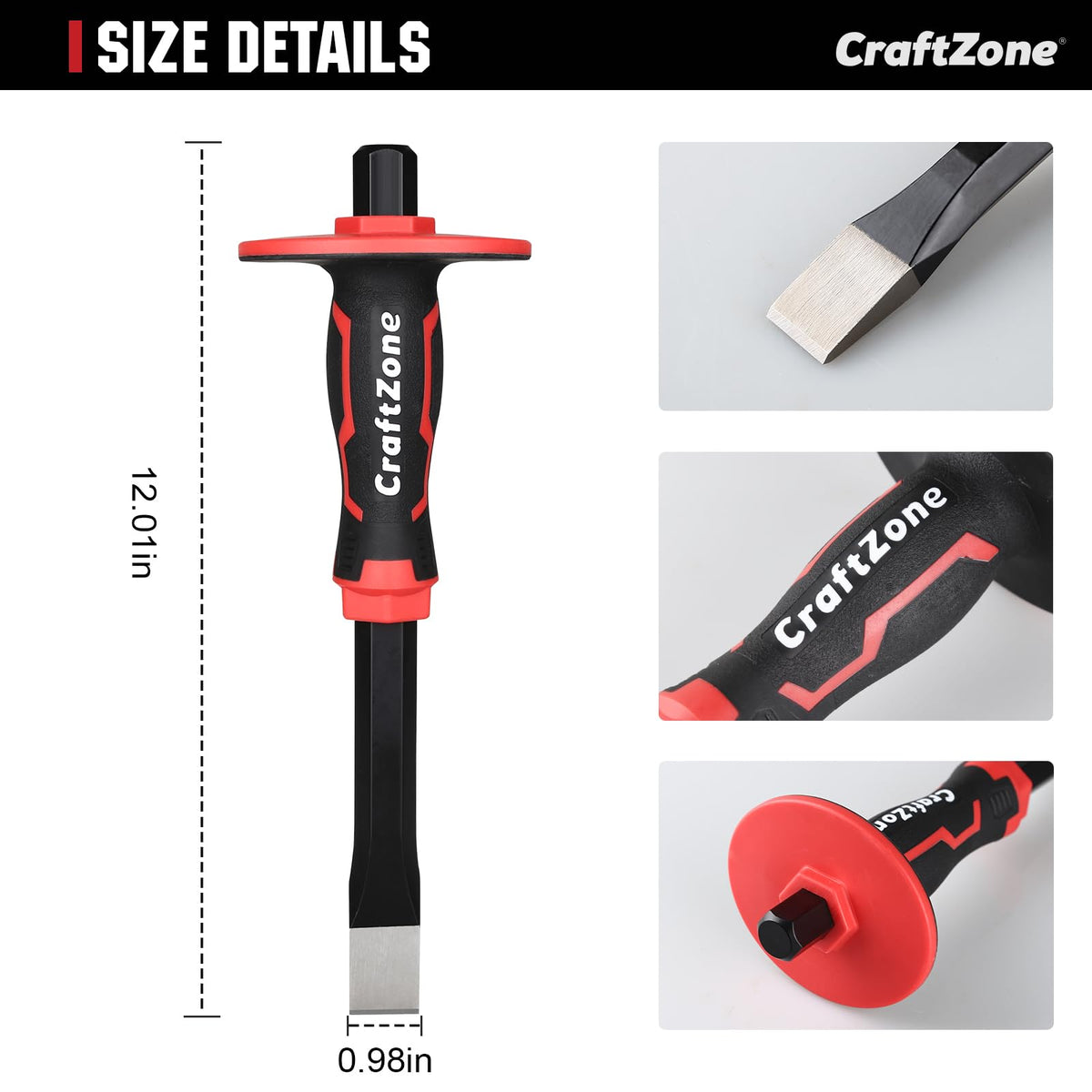 CraftZone masonry chisel with black powder coating protects against corrosion