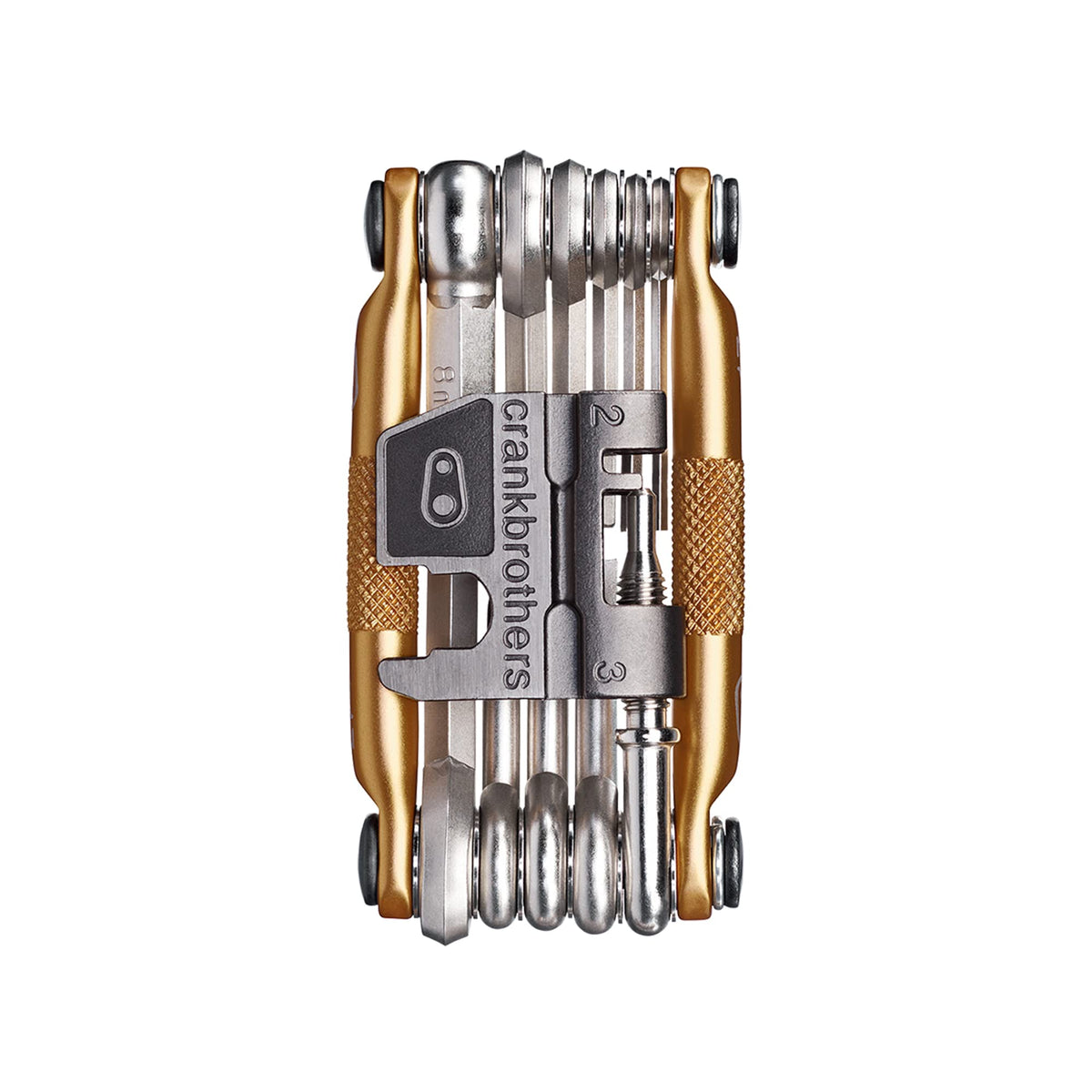 Crankbrothers M17 Gold closed compact tool showing slim profile for trailside repairs.