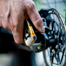 Crankbrothers M17 Gold spoke wrenches ready for wheel repairs on the trail.