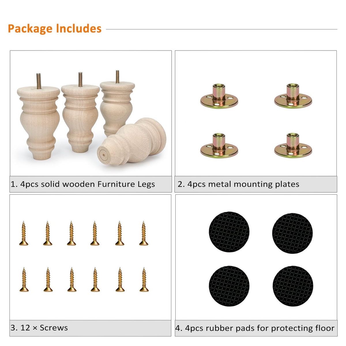 Crawopft four-pack wooden feet ideal for upgrading tables, dressers, and beds.