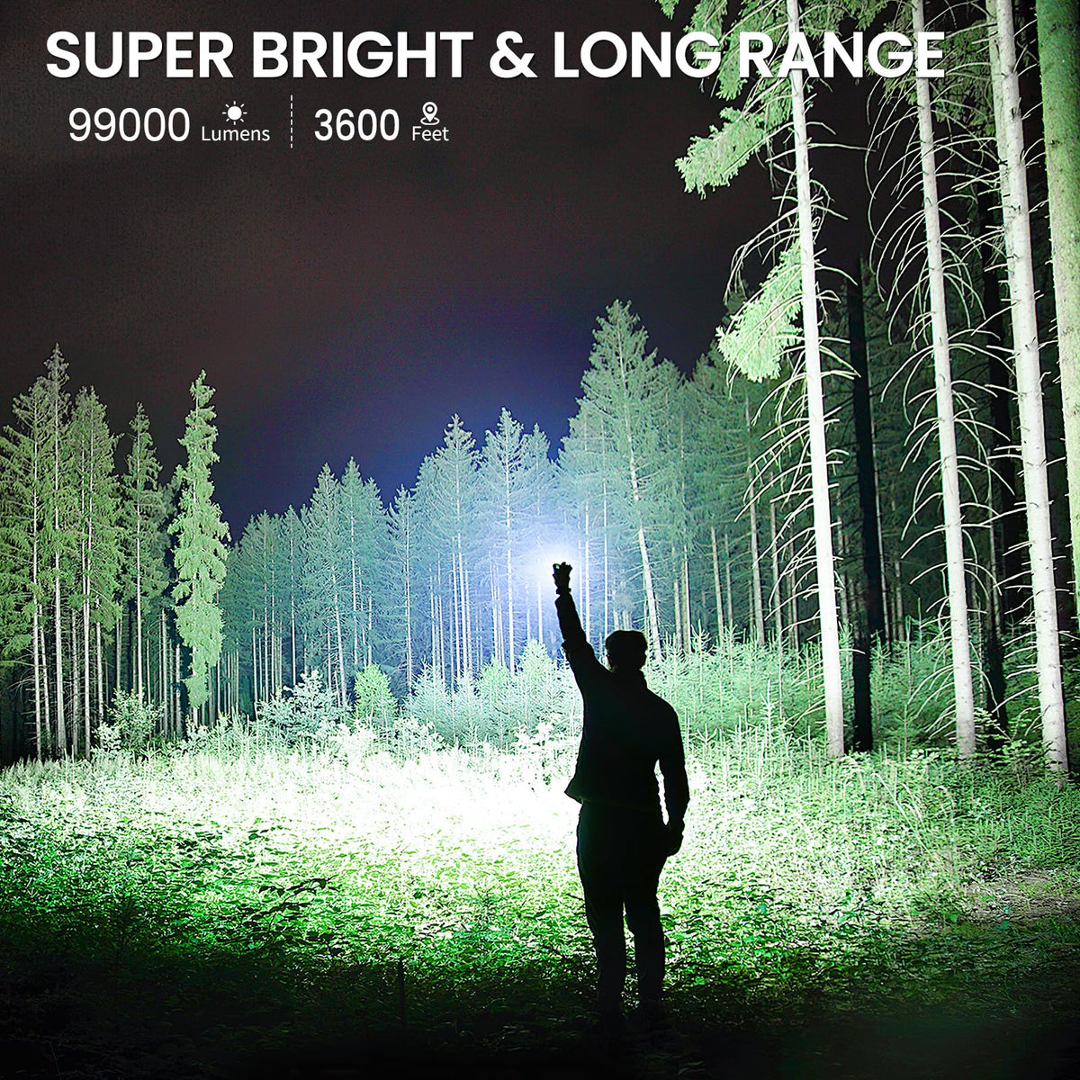 Crazybrace flashlight demonstrates a 3600 feet range for distance visibility during camping.